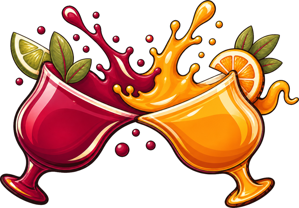 Two colourful cocktail glasses collide in a splash of orange and berry red