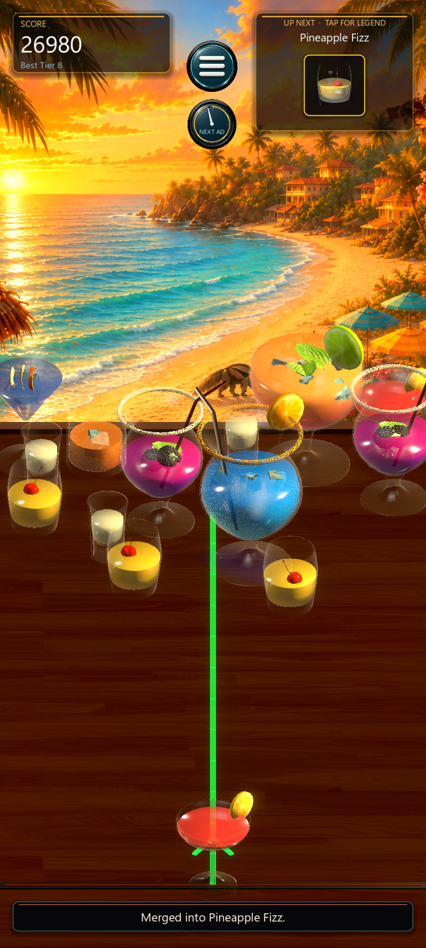 Cocktail Clash gameplay: colourful cocktails slide across a wooden bar overlooking a sunset beach